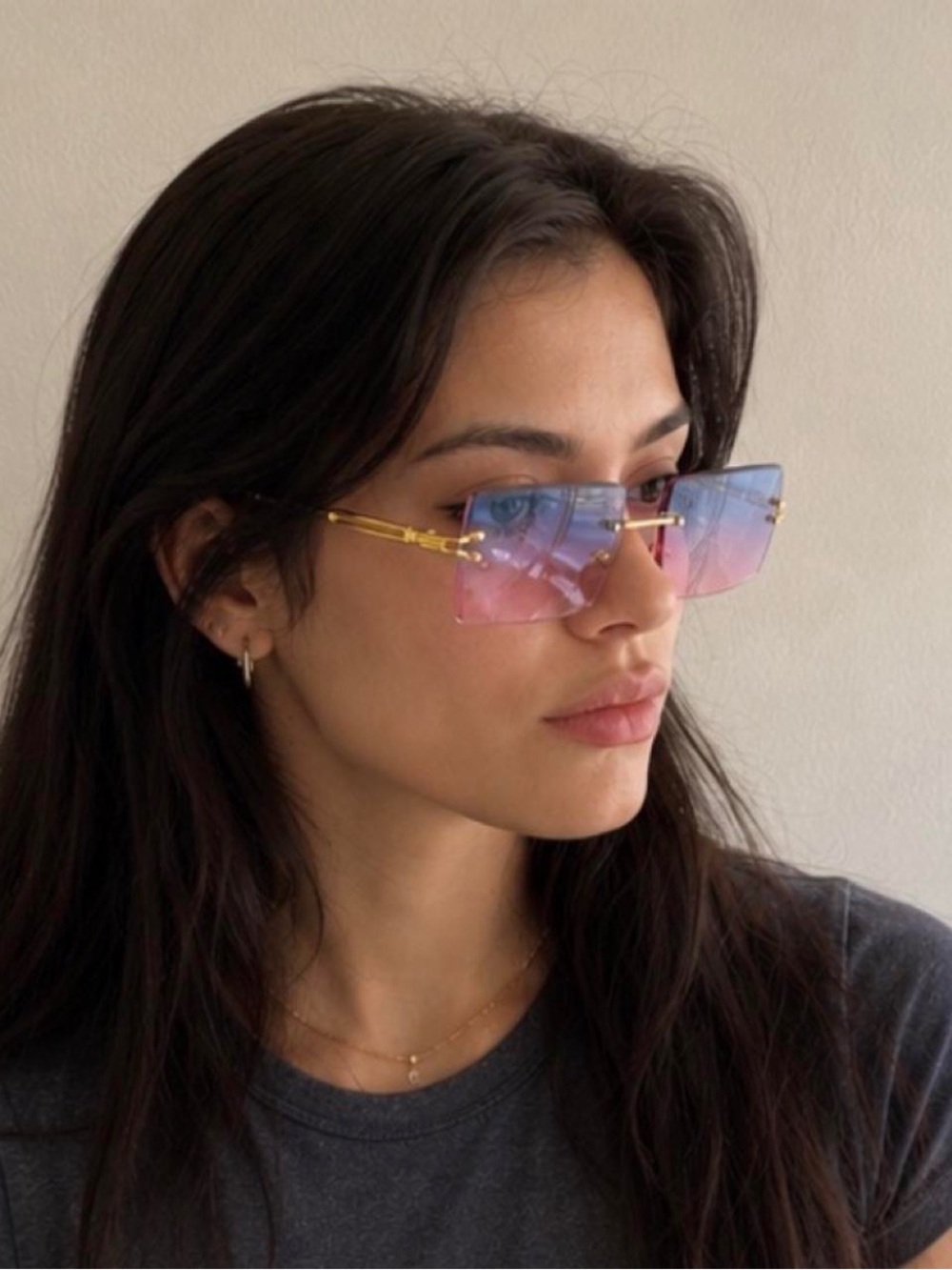 Blue Pink Gradient Rimless Square Sunglasses Gold Frame Women